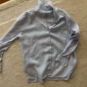 Light Blue linen Button-Up Shirt with Lace Details